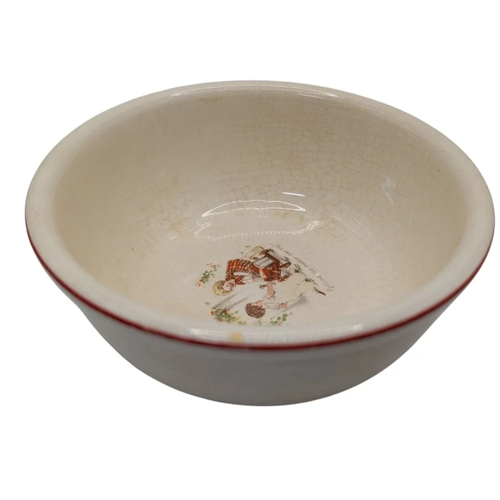 Antique Putting The Motor Car Right Childs Porcelain Bowl Red Trim Cereal Soup